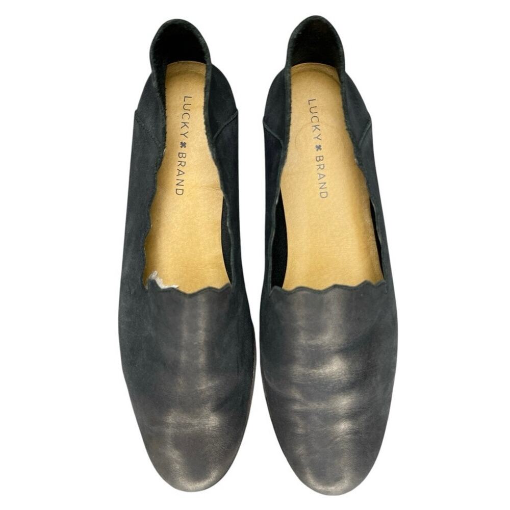 Lucky Brand Leather Slip On Loafers Flats Scalloped Edge Size 10 Black Preppy